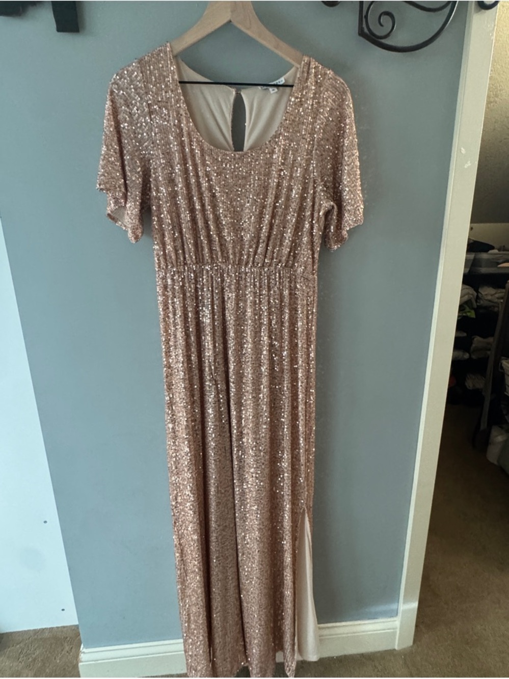 Baltic Borden XL Sequin Scoop Neck Maxi Dress in Rose Gold